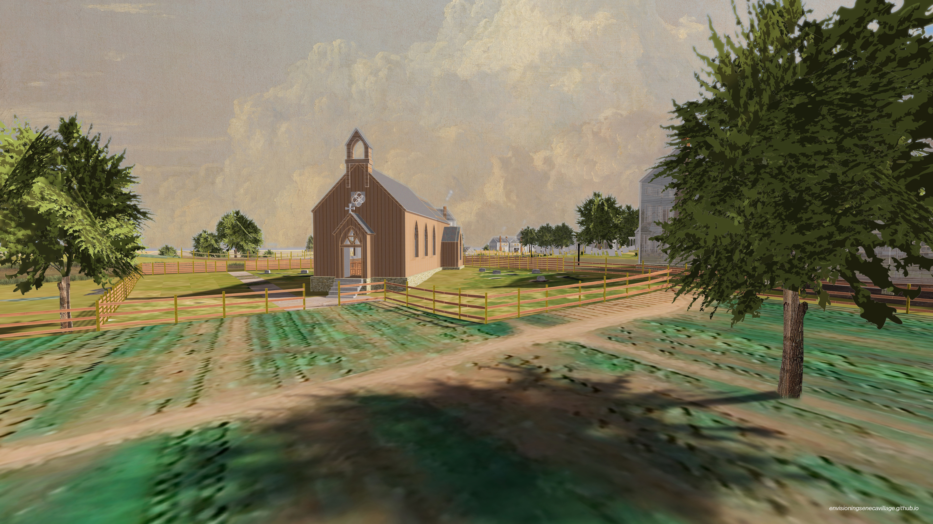 View of All Angels’ Episcopal Church showing its entrance at its western facade within the 3D model of Seneca Village