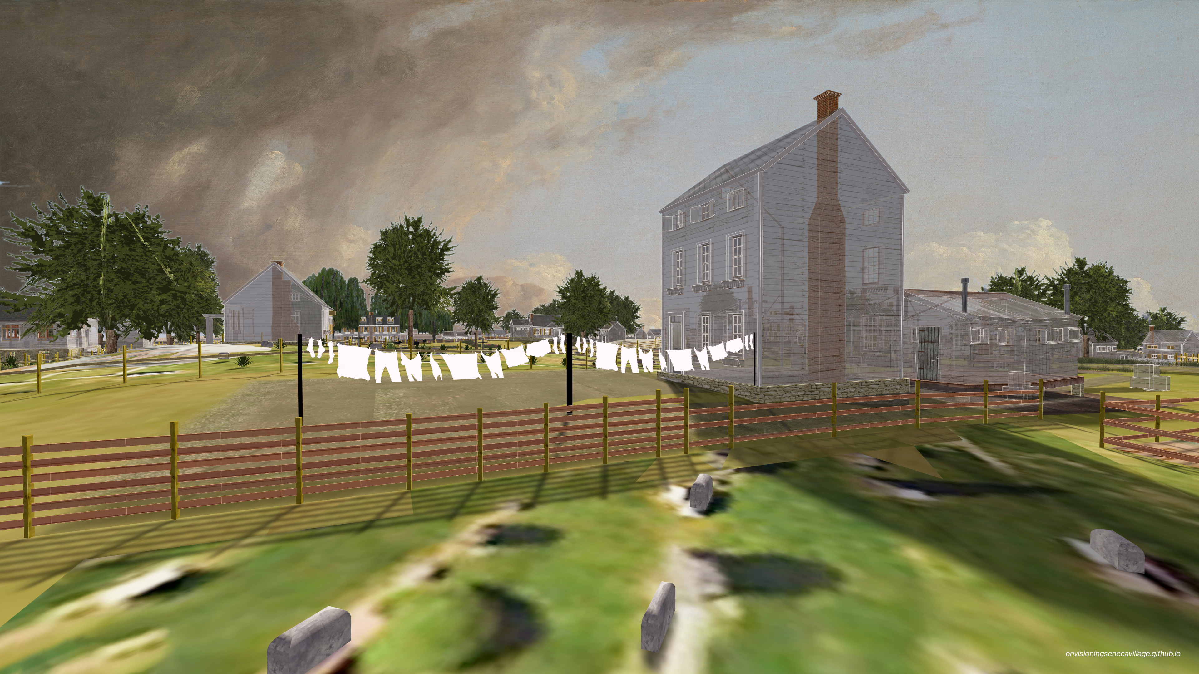 View of the northwestern corner of the Wilson Family House, from the All Angels’ Church cemetery, within the 3D model of Seneca Village