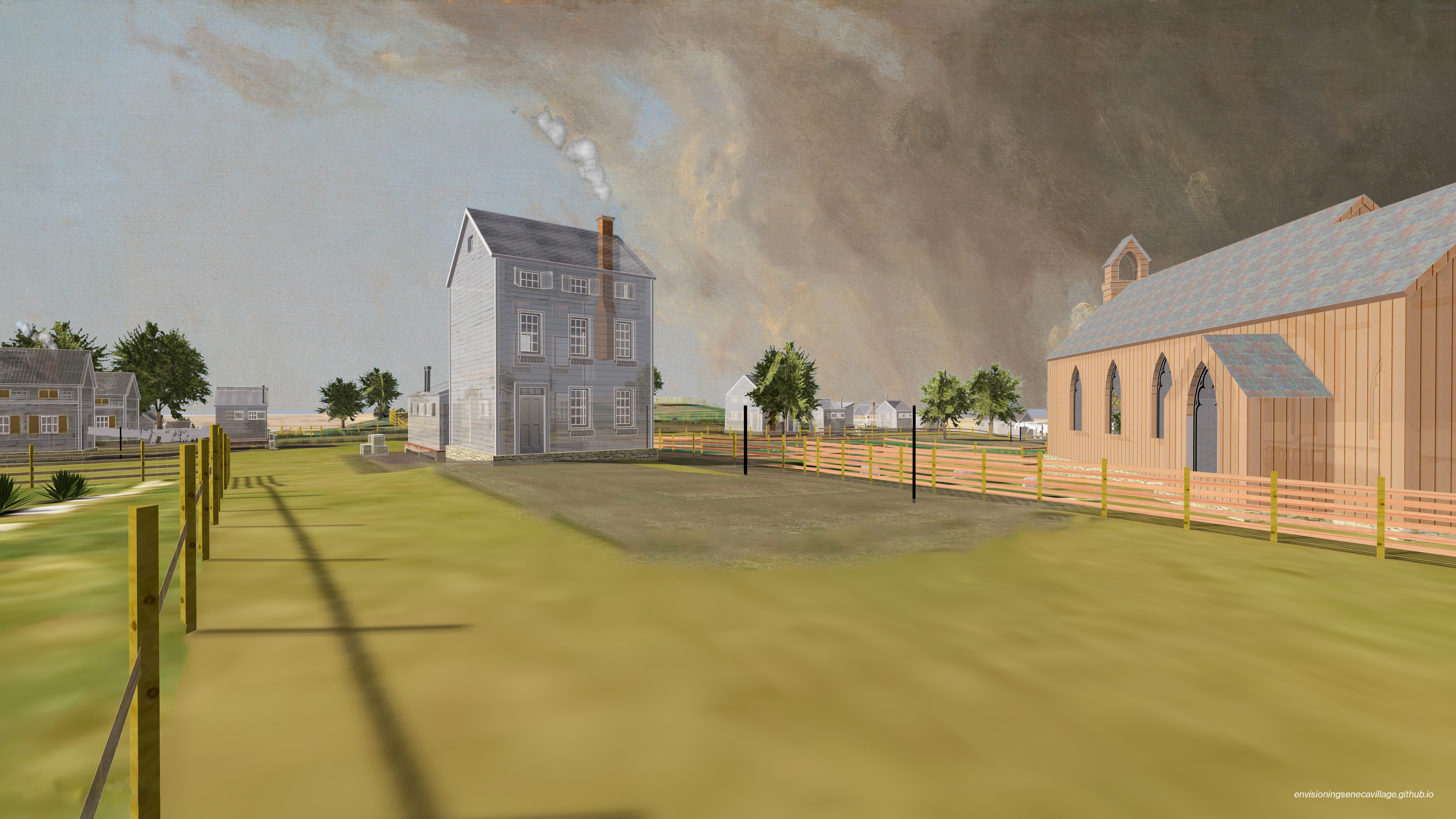 View of the front of the Wilson Family House from the road in the 3D model of Seneca Village