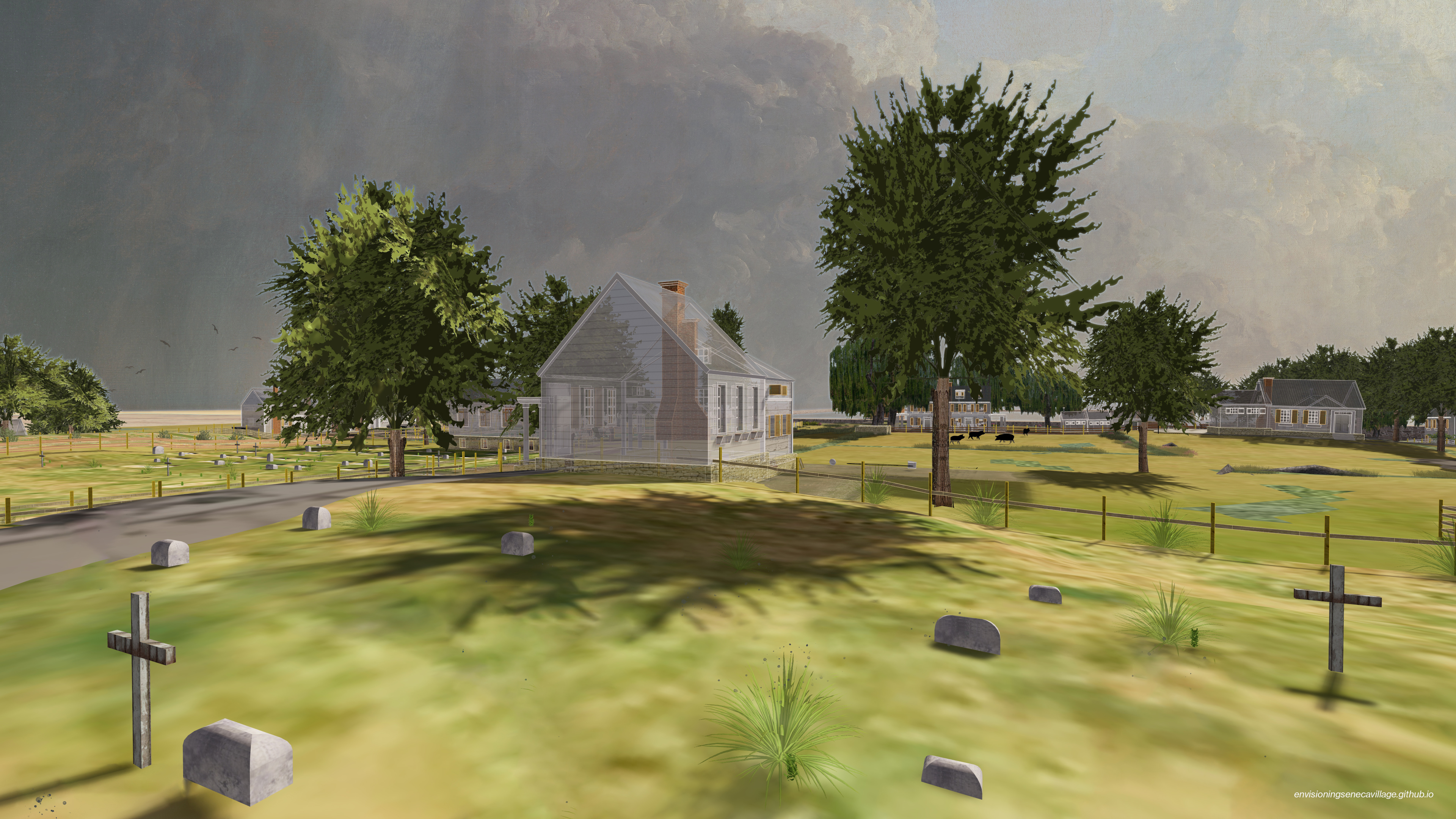 View of the African Union Church from its cemetery in the 3D model of Seneca Village