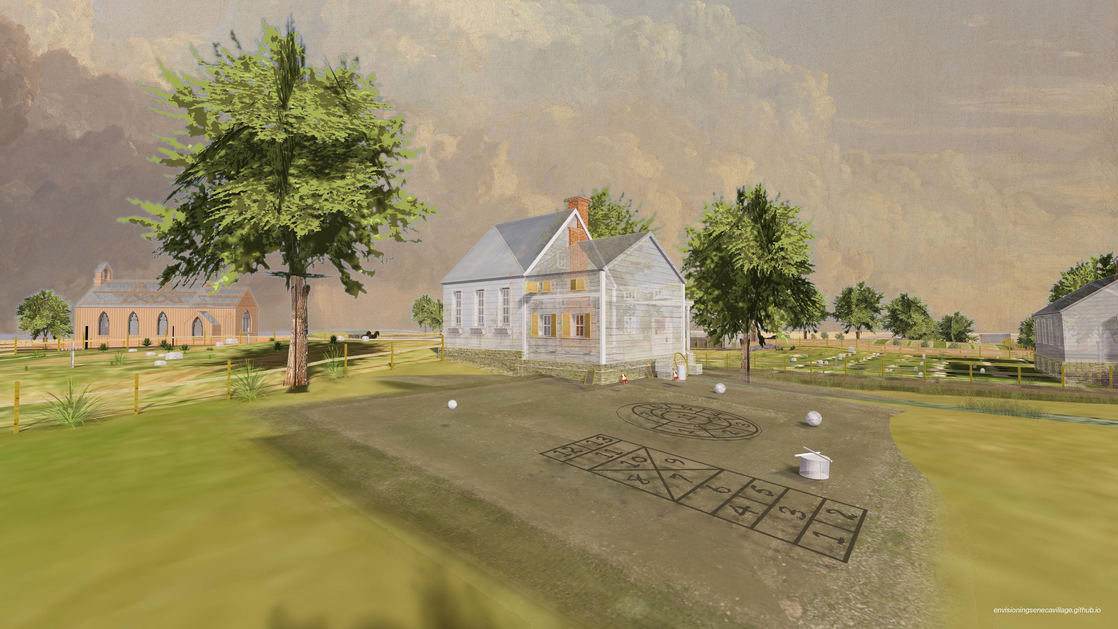 Rear view of the school building (right) attached to the African Union Church (left) with an outdoor play area for children (foreground) in the 3D model of Seneca Village