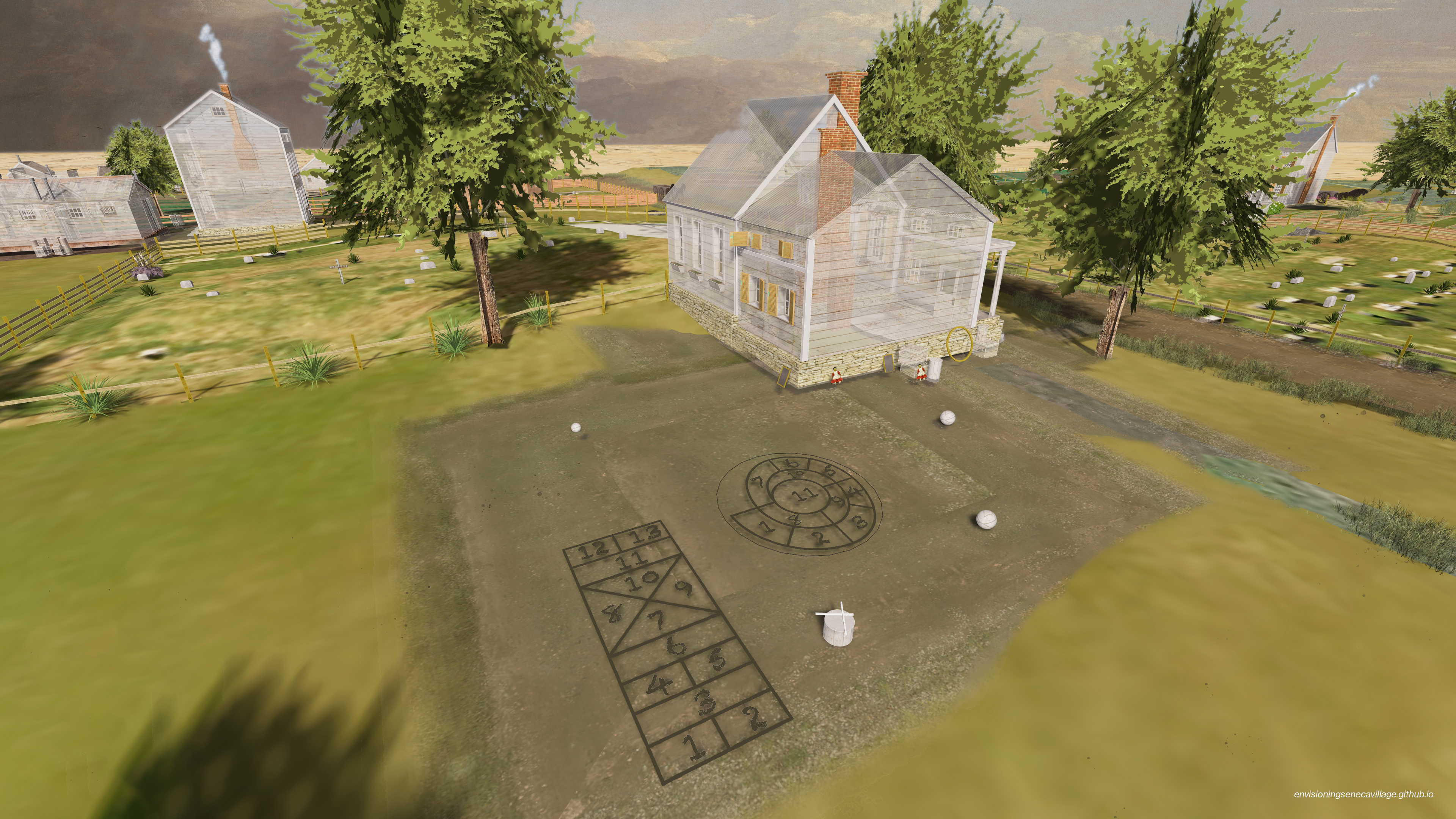 View of the outdoor play area for children, featuring hopscotch and toys, in the 3D model of Seneca Village