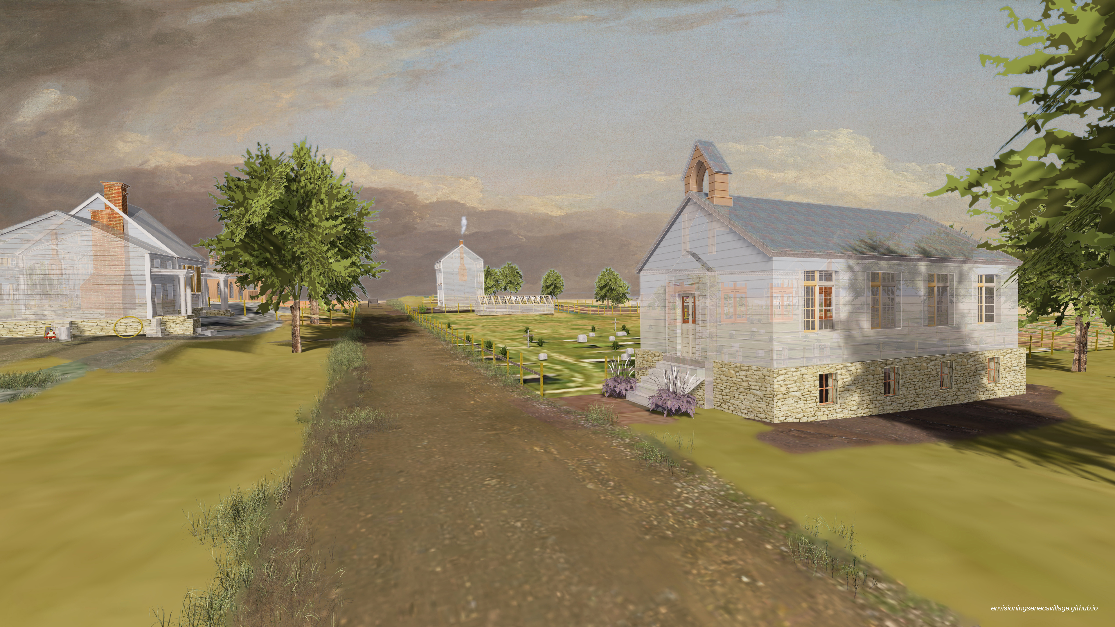 View of the AME Zion Church building (foreground), its cemetery, and a greenhouse in the background from the 3D model of Seneca Village