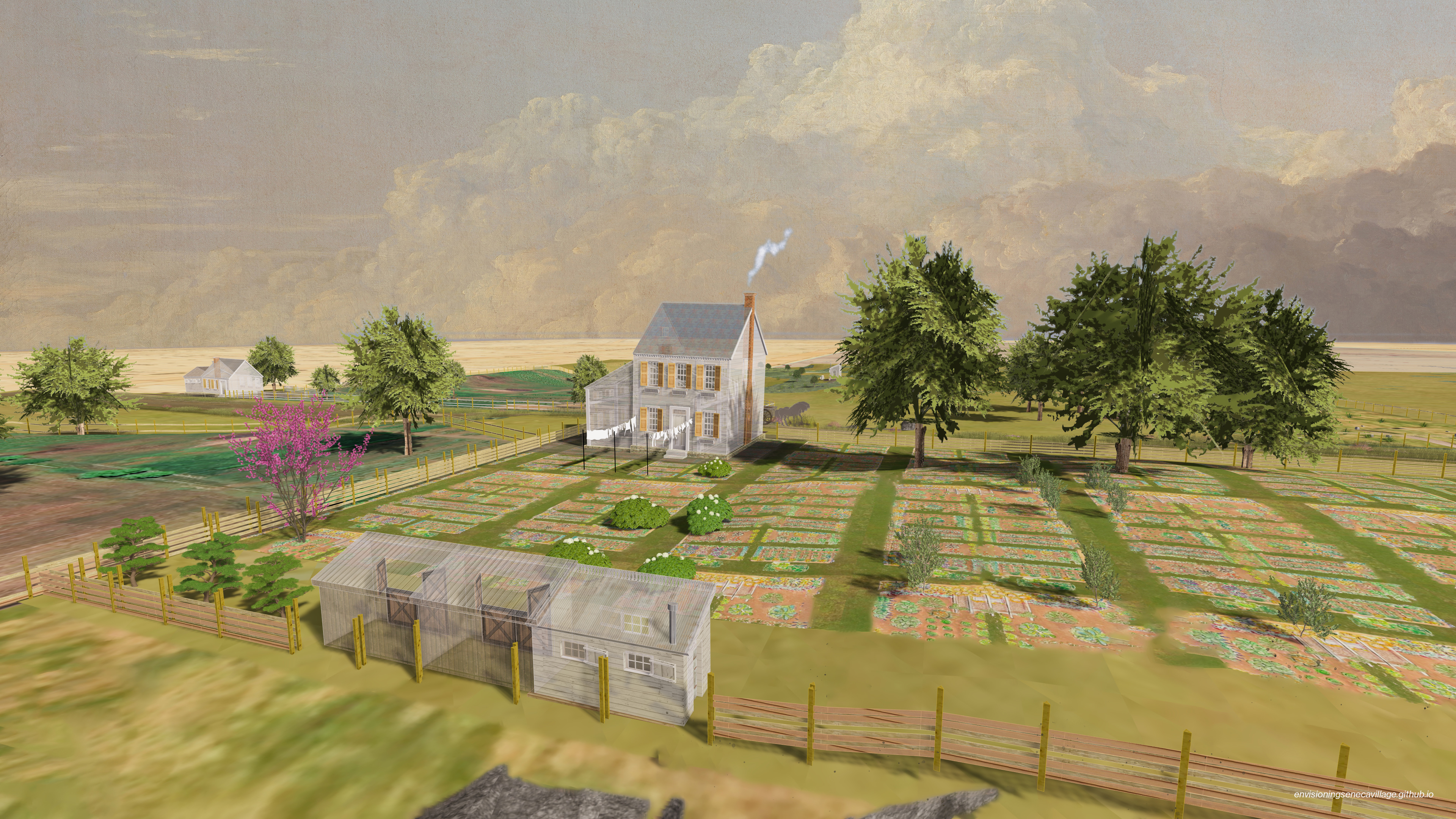 View of the Haff House and large garden from the neighboring AME Zion Church in the 3D model of Seneca Village