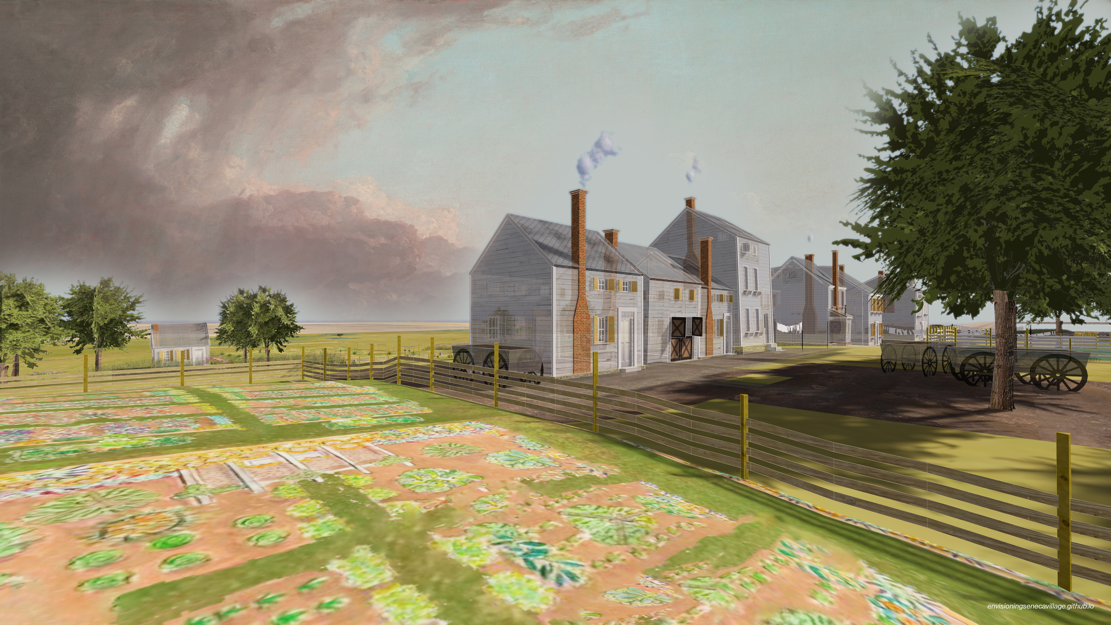 Rear view of the Williams House, from the Haff Garden, in the 3D model of Seneca Village