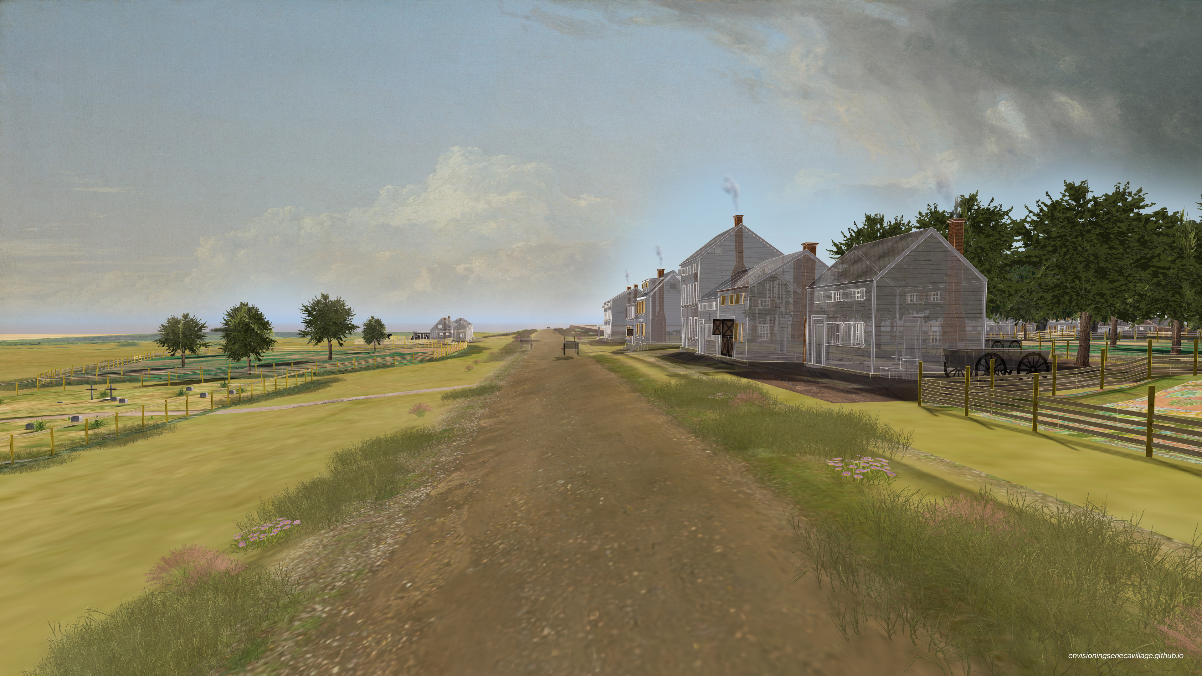 East-facing view of 86th street, with the Williams, Landin, and McCollin Houses in near view and the reservoir in the distance, from the 3D model of Seneca Village