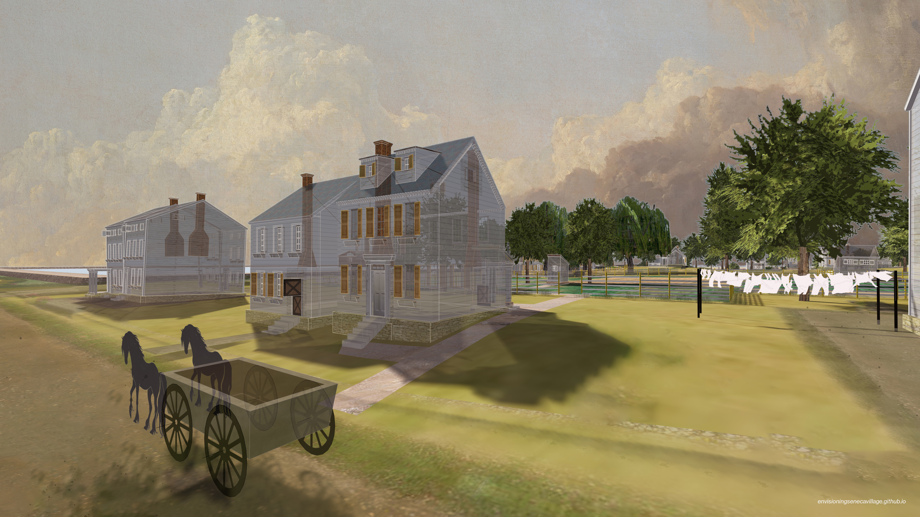 Front view of the McCollin Houses from the road in the 3D model of Seneca Village