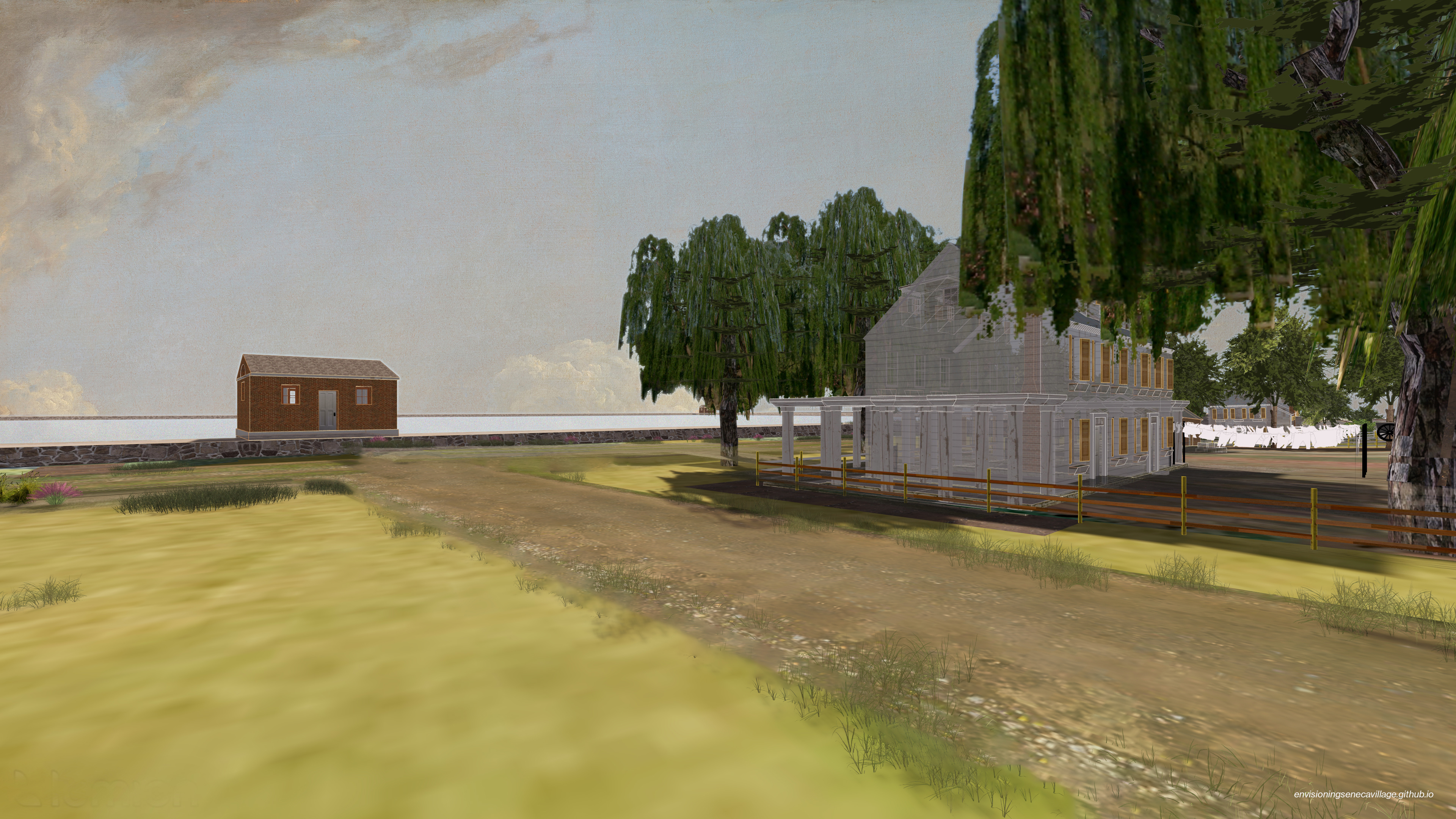 Side and rear view of Geary House with the reservoir in the distance from the 3D model of Seneca Village