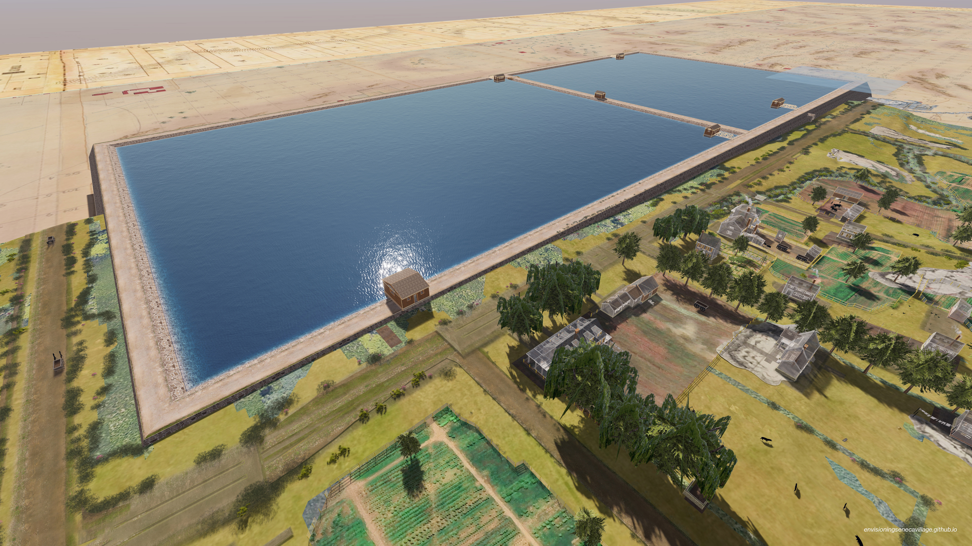 Aerial view of the Croton Receiving Reservoir from the 3D model of Seneca Village