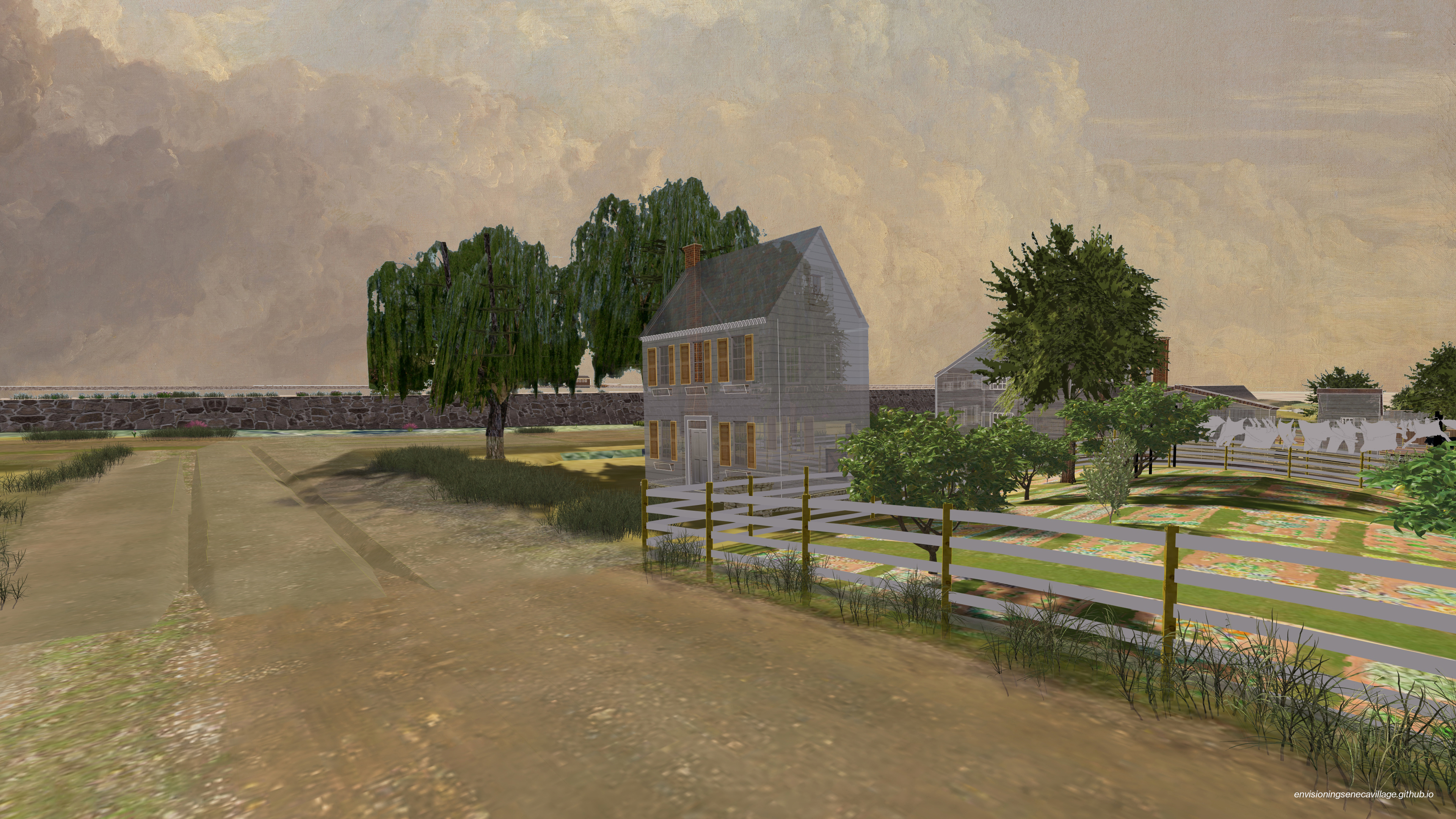 Front view of the Mathew house from across the road in the 3D model of Seneca Village