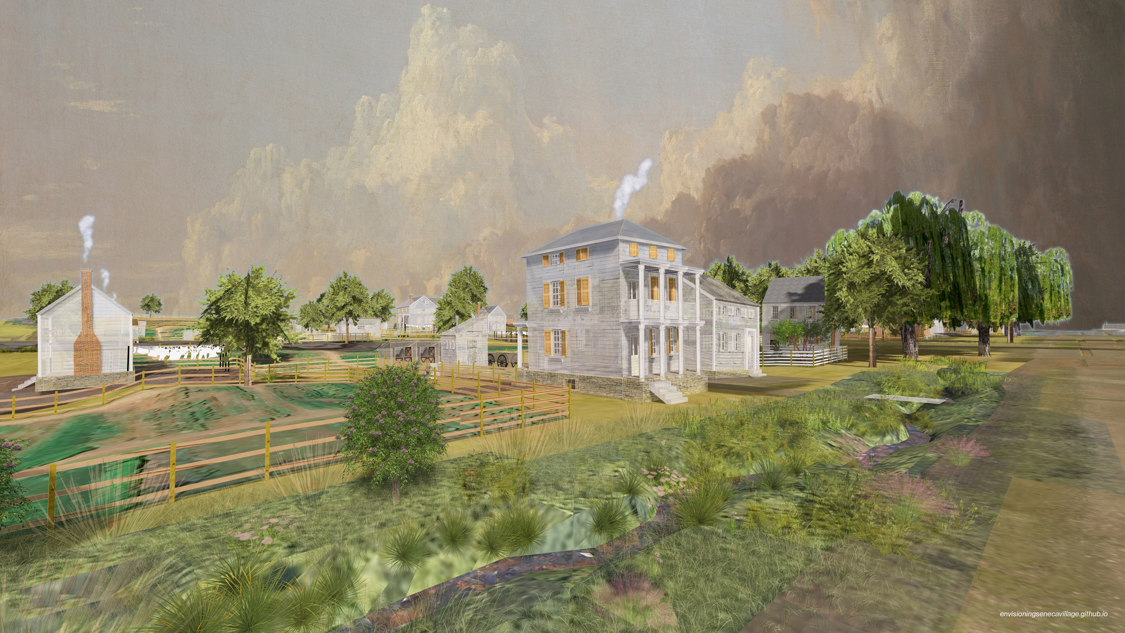 Southeast view of Sylvan House (with Garnet House, right) from the road in the 3D model of Seneca Village