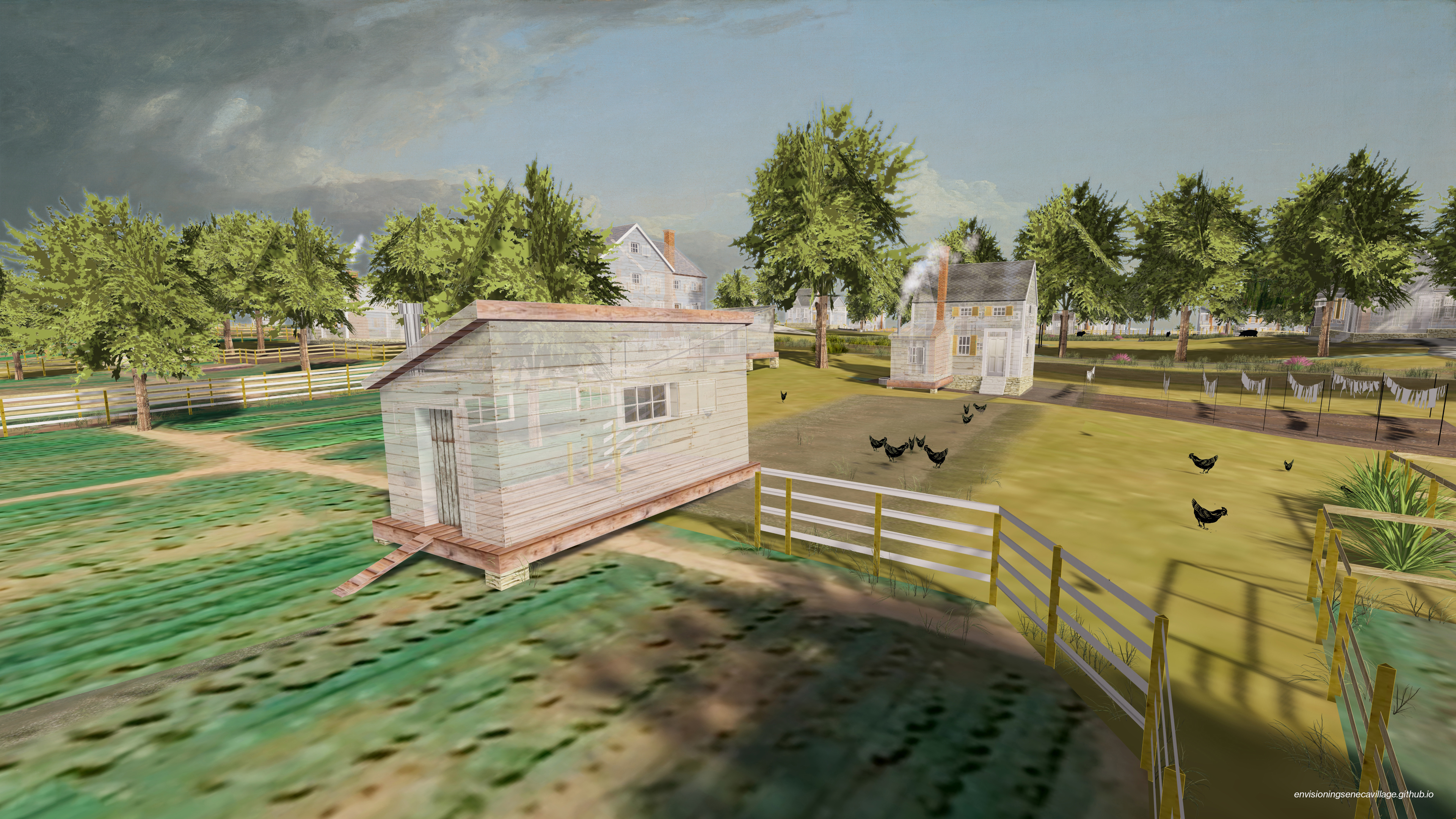 Rear view of Sally Wilson House with chicken coop shed (foreground) in the 3D model of Seneca Village