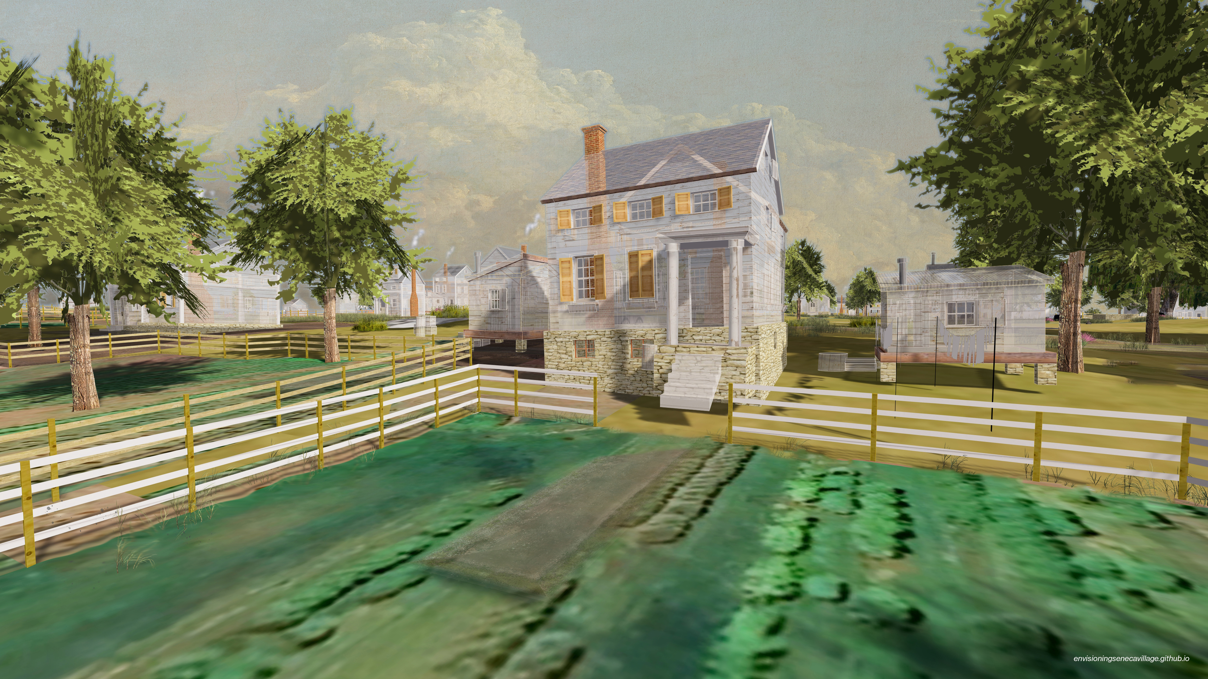 Rear view of Webster House (center) and Philips House (right) from the 3D model of Seneca Village