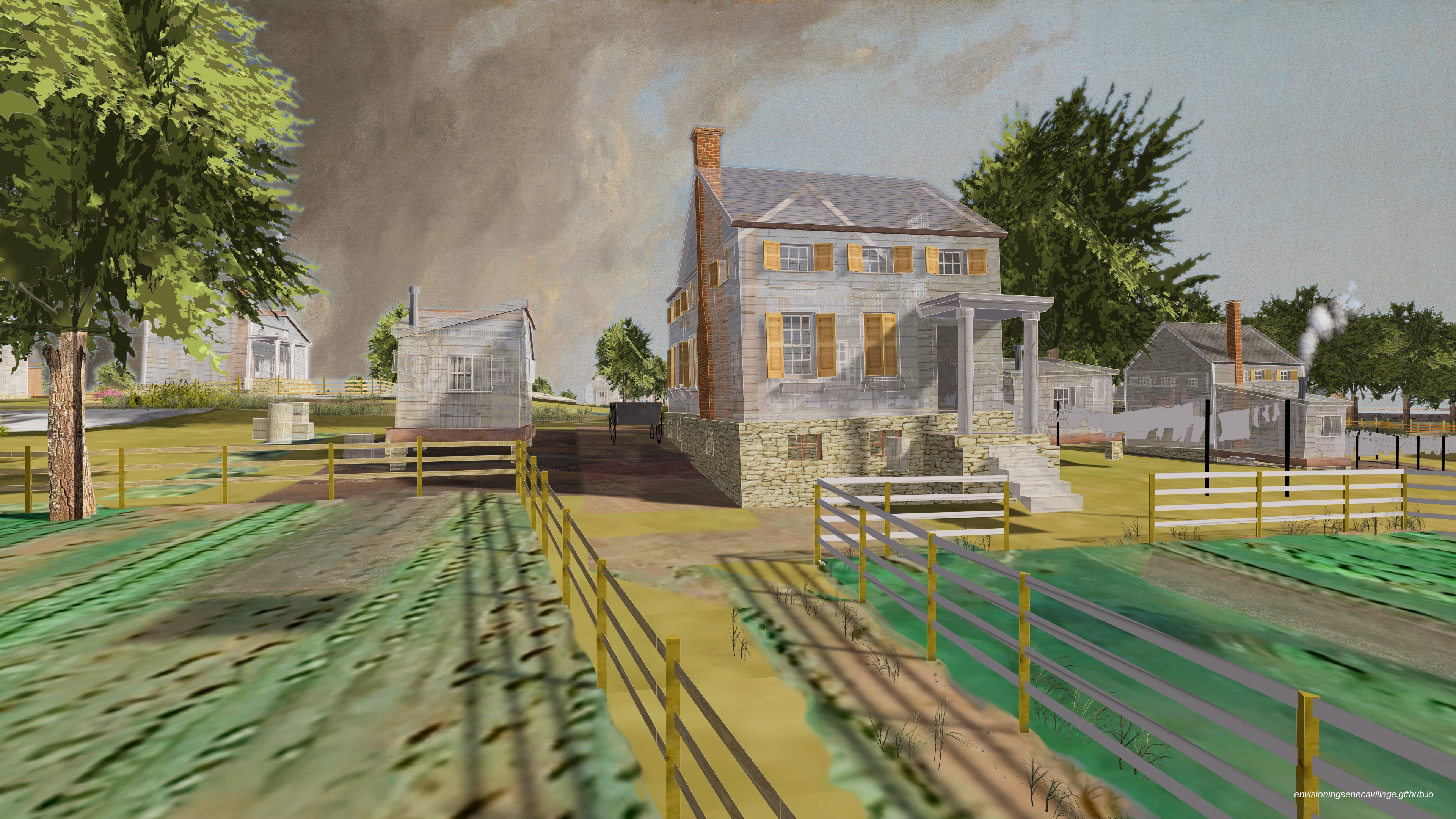 View of the yard between Webster House (right) and Philips House (far right) in the 3D model of Seneca Village