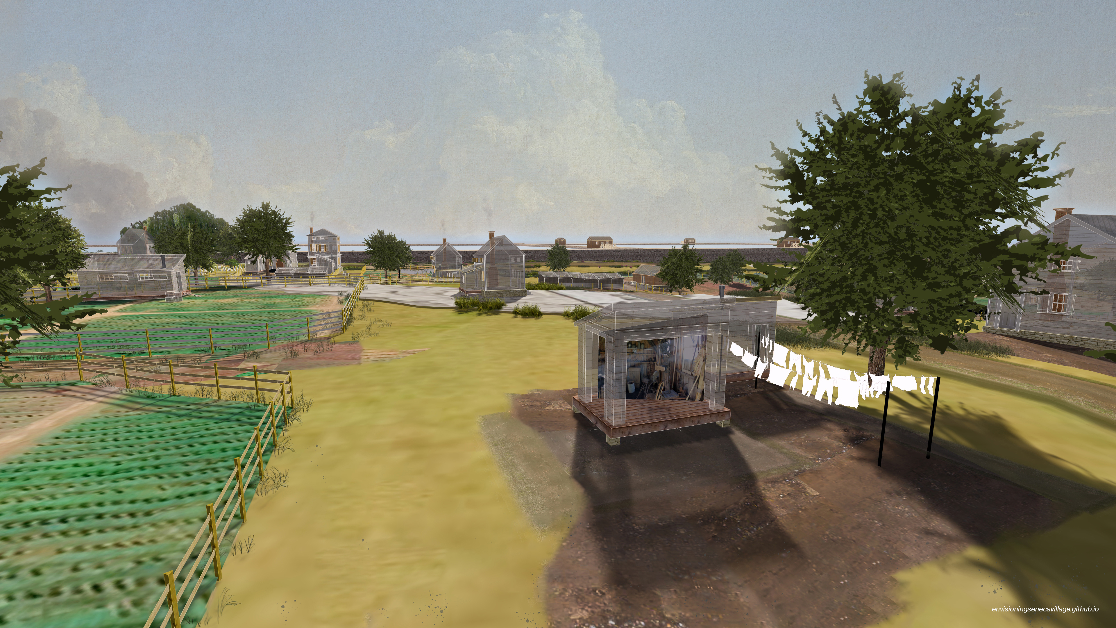 View of Ishmael Allen shop (center) and shanty (behind) in the 3D model of Seneca Village