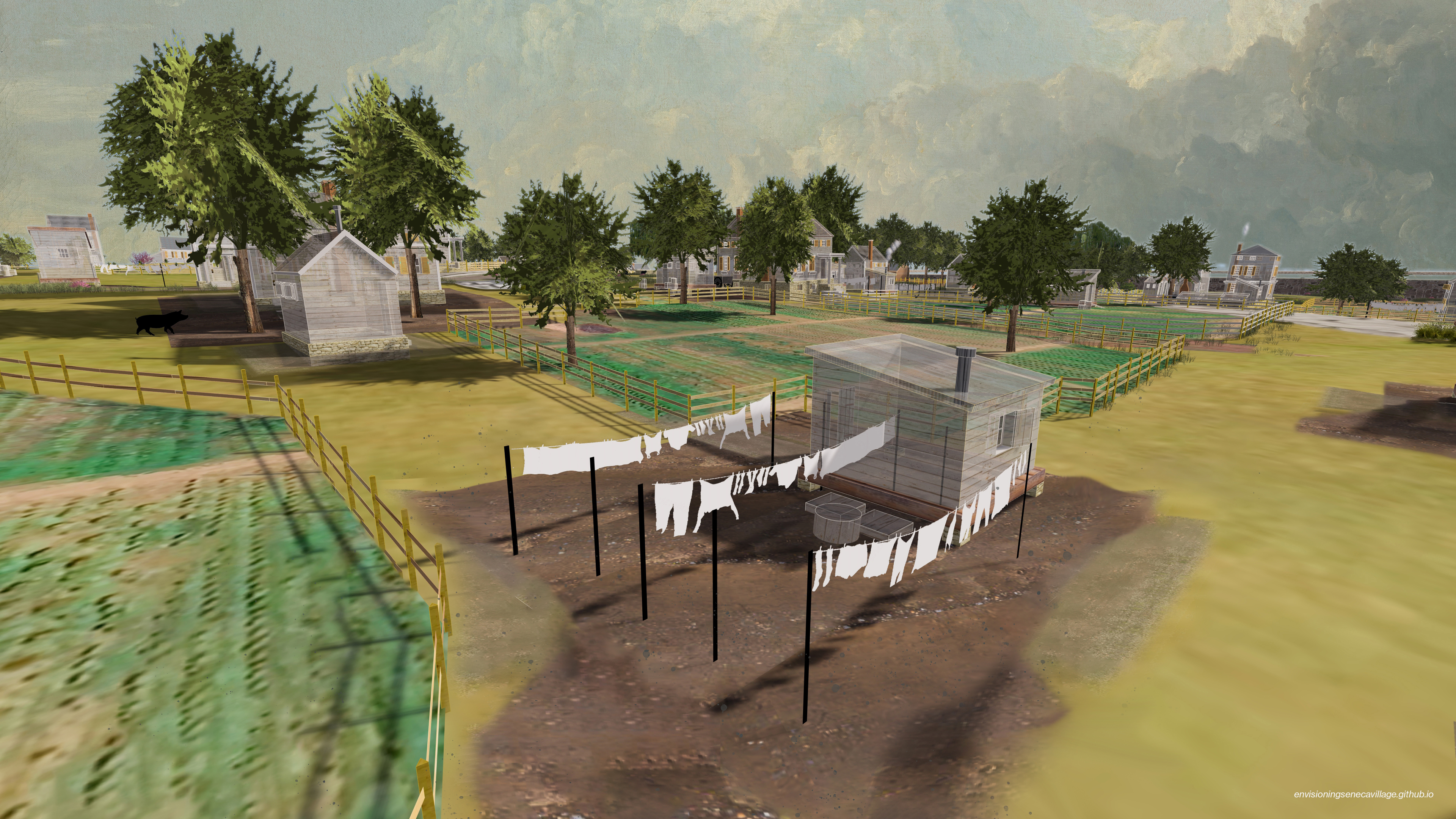 Tree-top view of John White Shanty (center) in the 3D model of Seneca Village