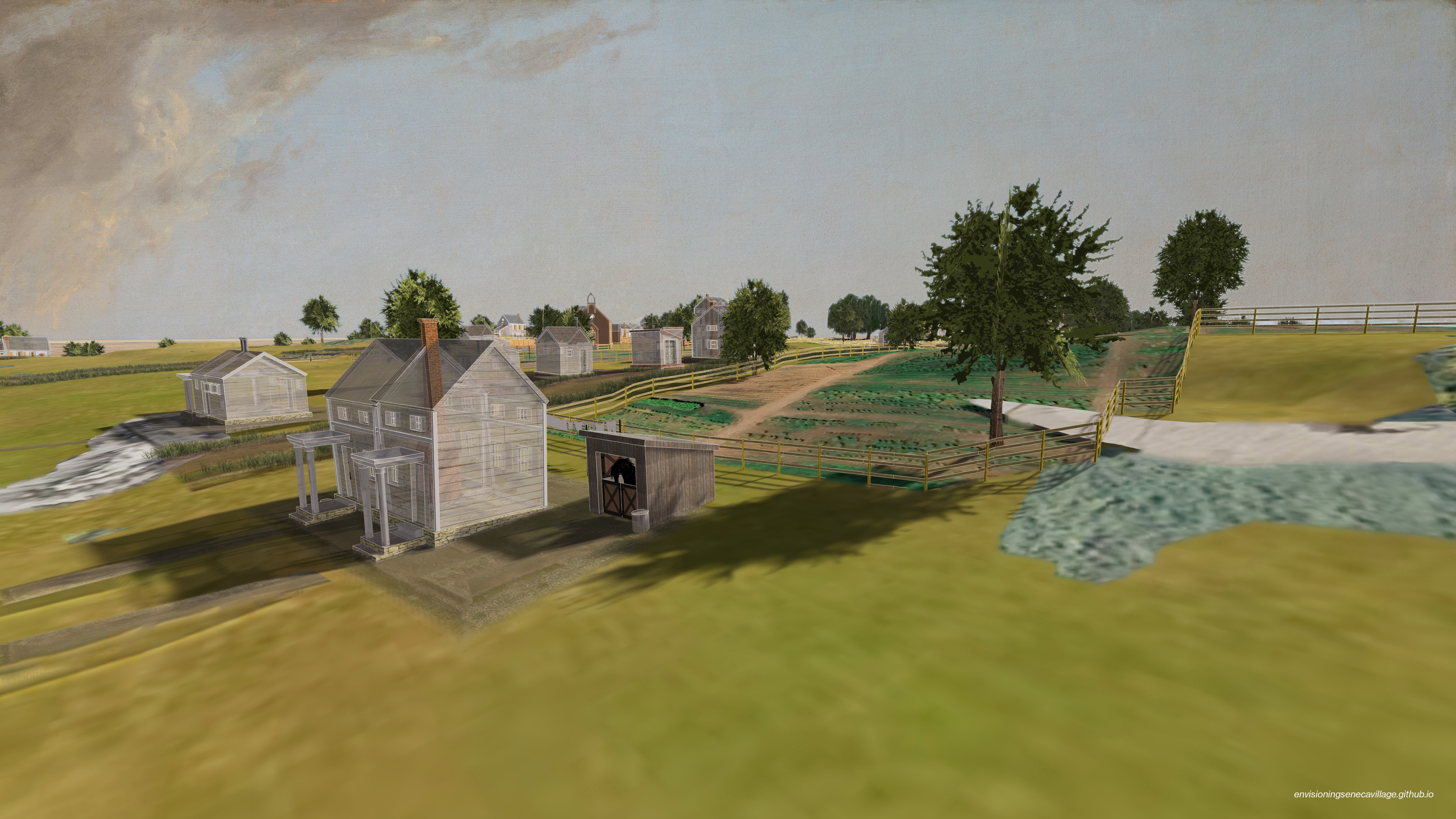 Bird’s-eye view of Gallagher House (foreground) and stable in the 3D model of Seneca Village